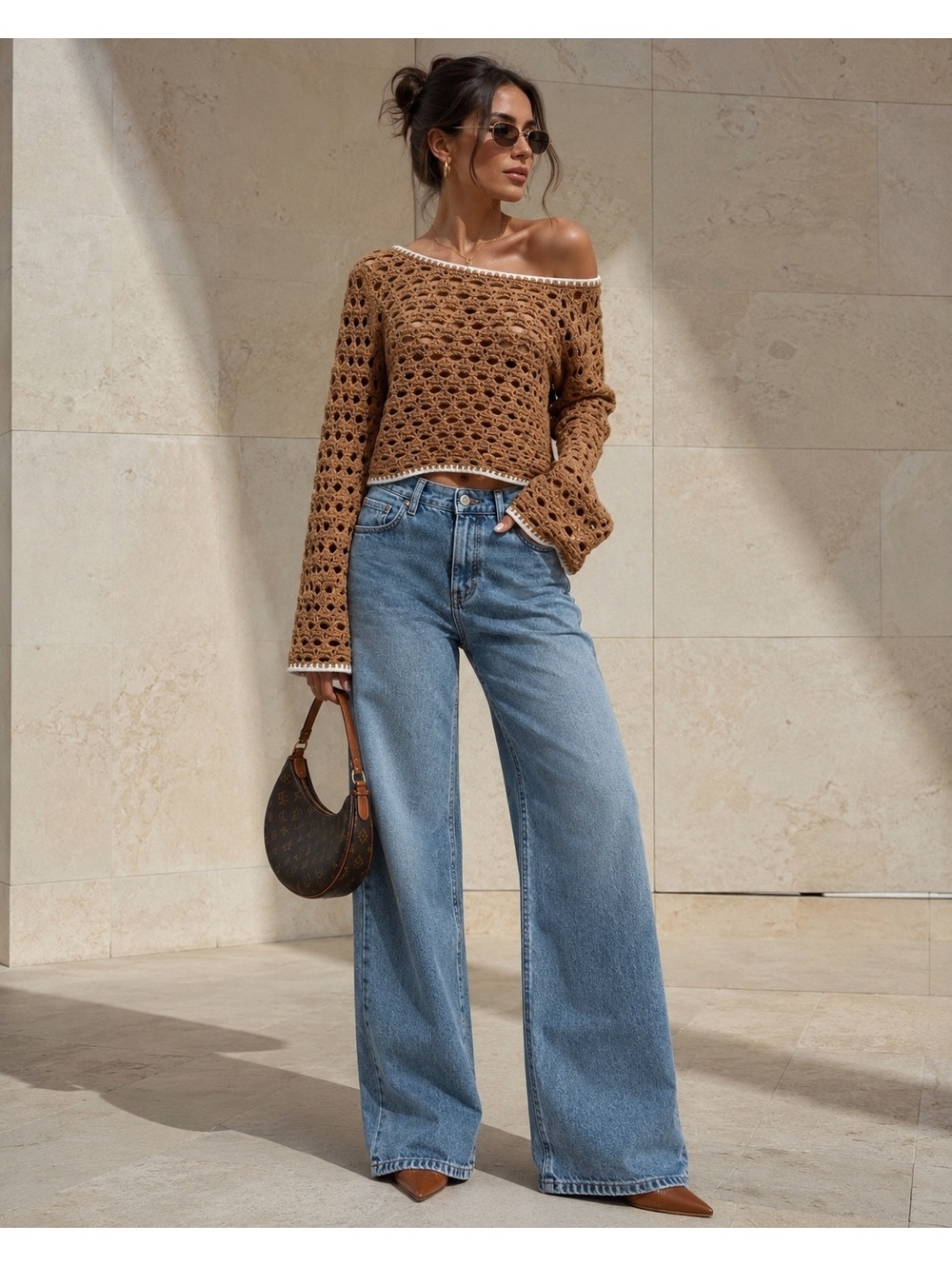 NWT Cotton On Zendaya Wide Neck Crochet Sweater Carameluxe Brown S